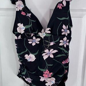 Target Floral One-Piece Swimsuit - Black with Pink and White Flowers